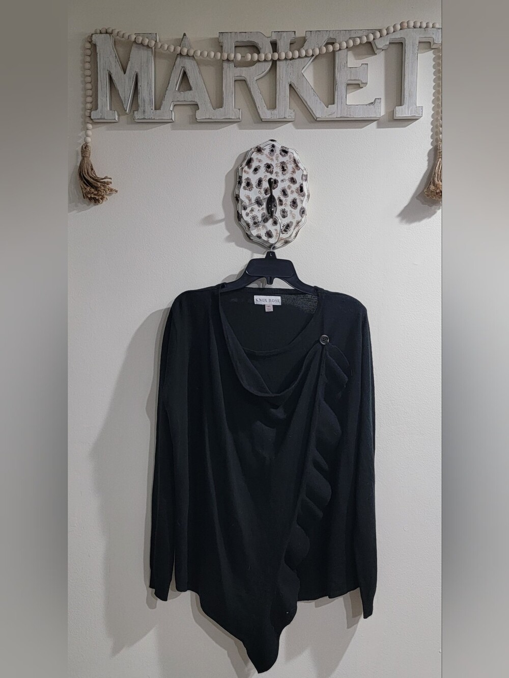 Knox Rose Black Draped Ruffle-Trim Sweater
